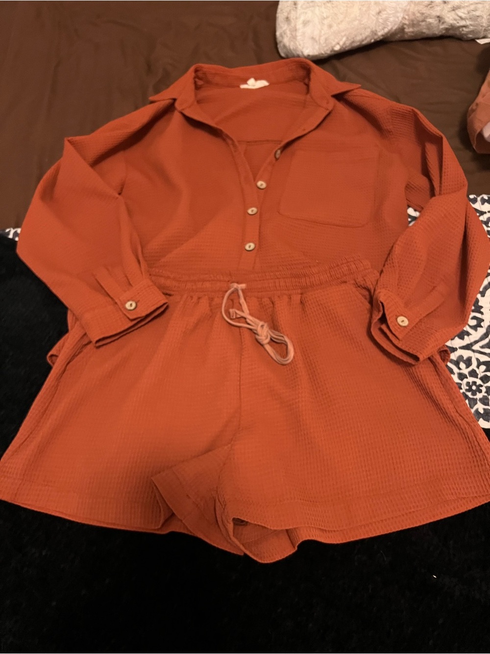 Listicle Rust Orange Button-Down Waffle Knit Top/shorts (set)